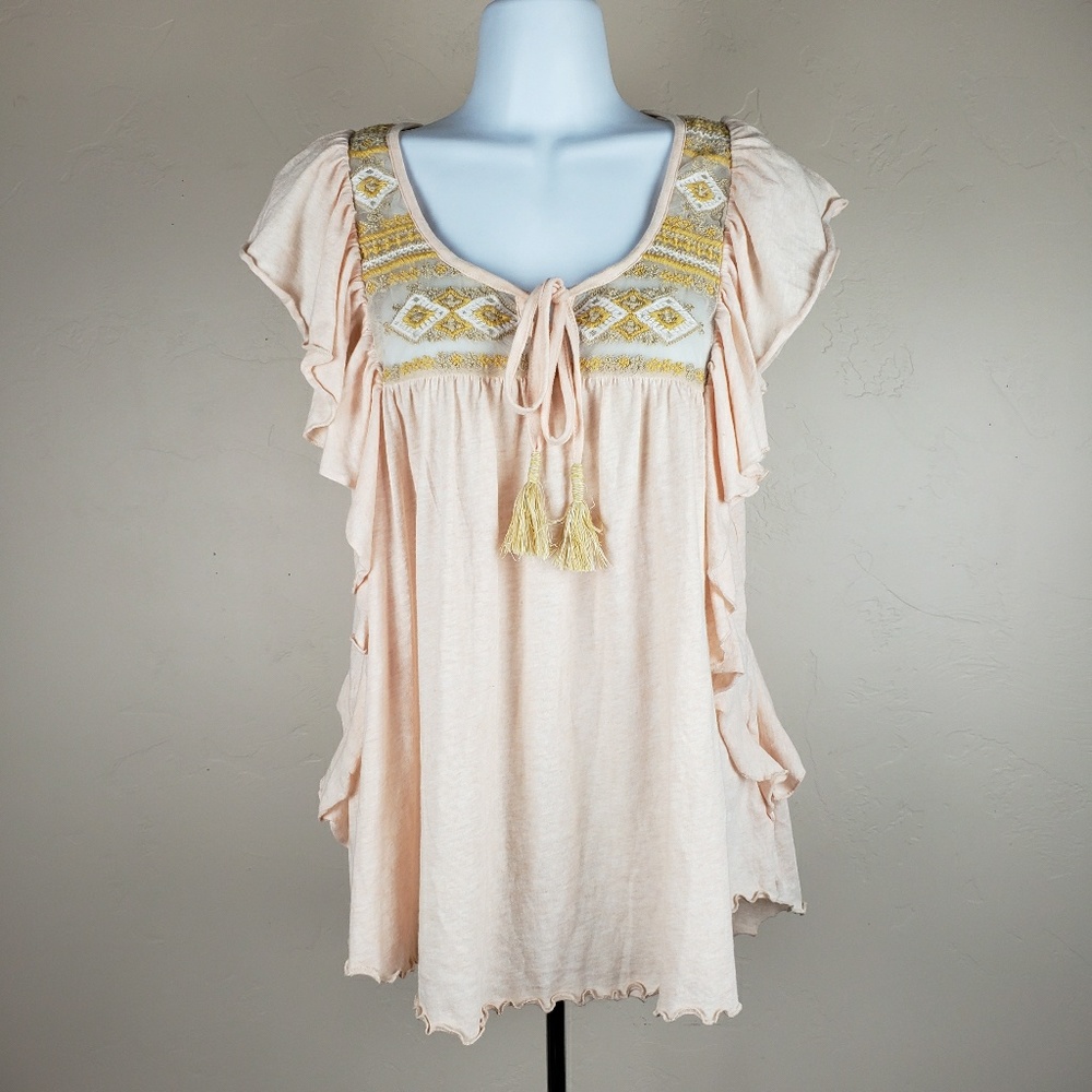 Free People Peach and Yellow EmbroidereTunic Top